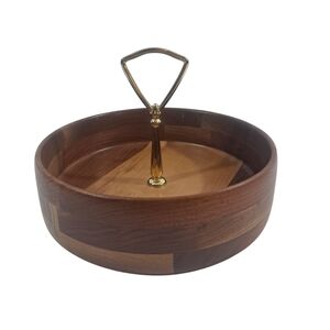 Vintage Mid Century Modern Wooden Nut Bowl Serving Dish With Gold Tone Handle